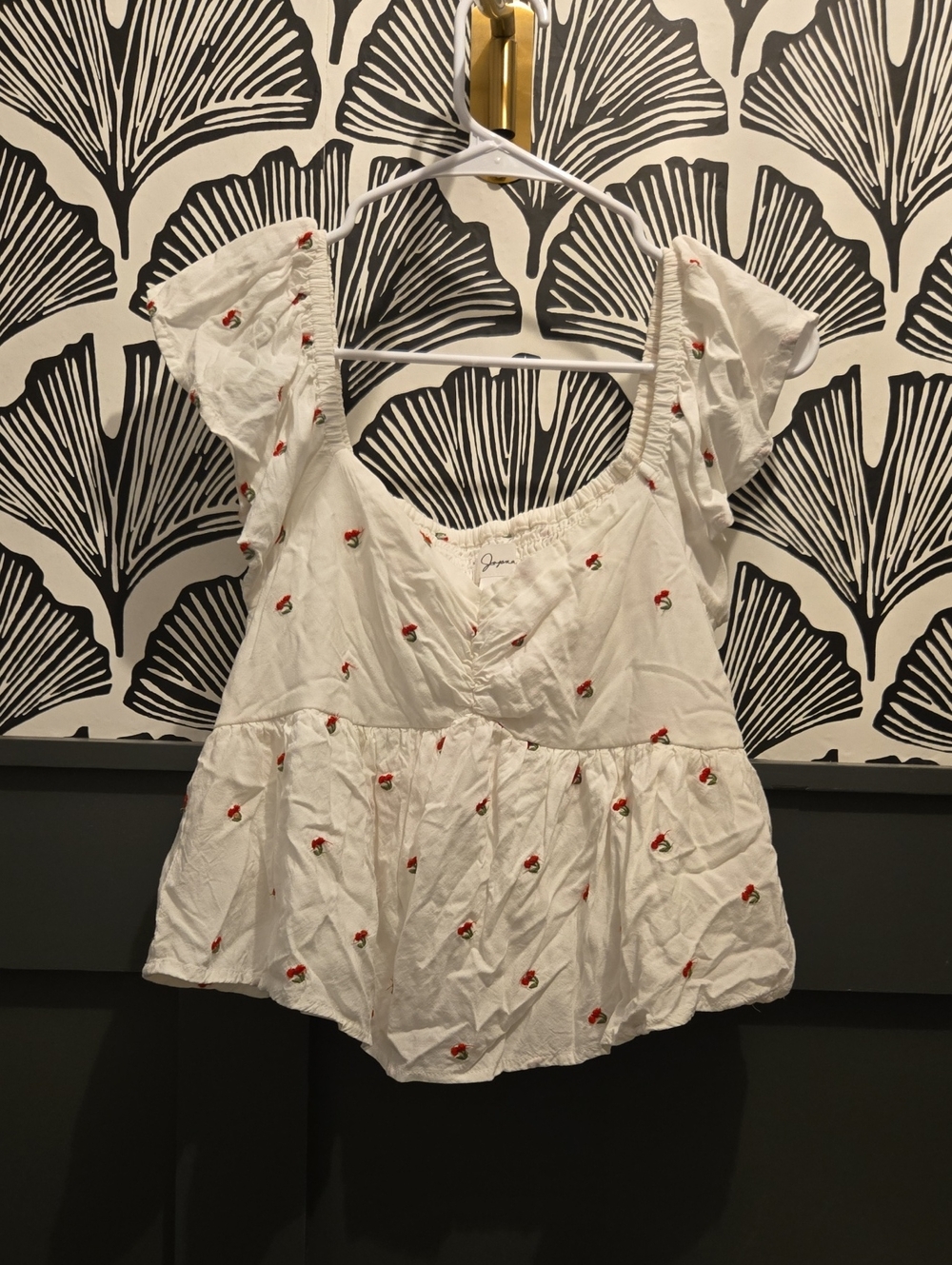 Japna White Peplum Top with Red Cherry Embroidery